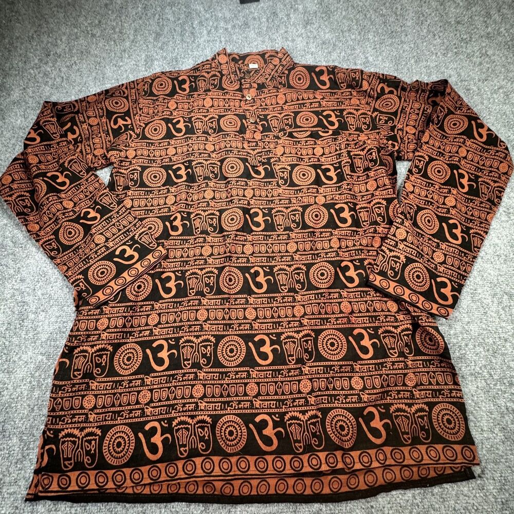 Boho Nepal Om Yoga Tunic Top XL Brown Orange 100% Cotton Long Sleeve Hippie